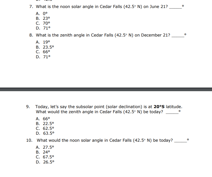 Solved 1 What Is The Zenith Angle At The Equator On Marc Chegg Com