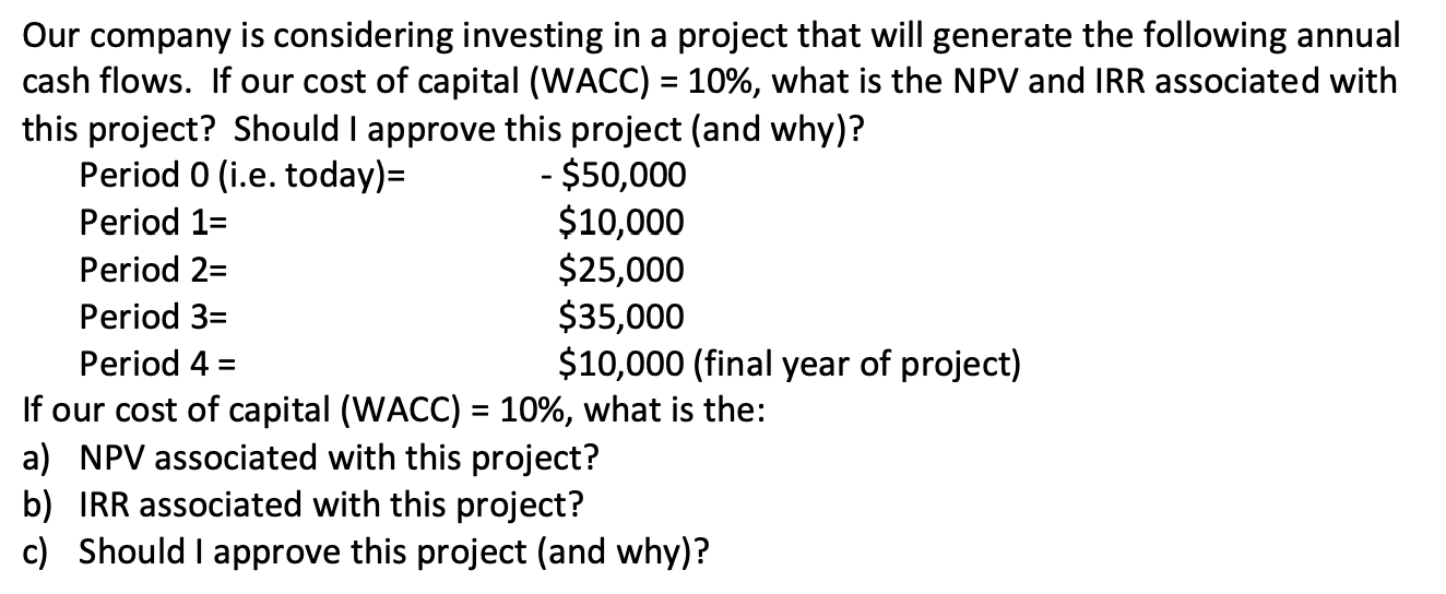 Solved = - Our Company Is Considering Investing In A Project | Chegg.com