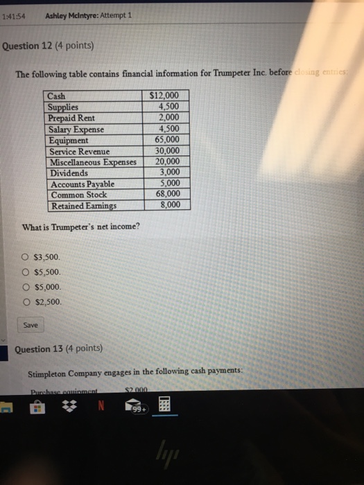 Solved O $2,500. Save Question 13 (4 Points) Stimpleton | Chegg.com