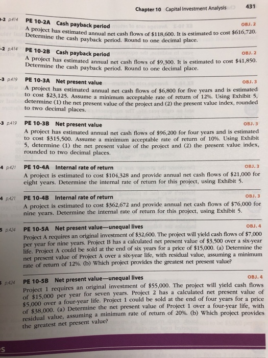Solved 431 Chapter 10 Capital Investment Analysis -2 p414 PE | Chegg.com