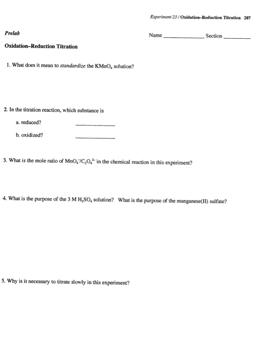 Solved Experiment 23/OxidationReduction Titration 2017 Name Chegg