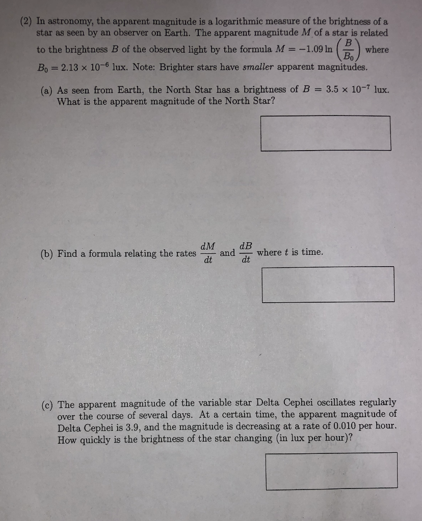 Solved (2) In astronomy, the apparent magnitude is a | Chegg.com