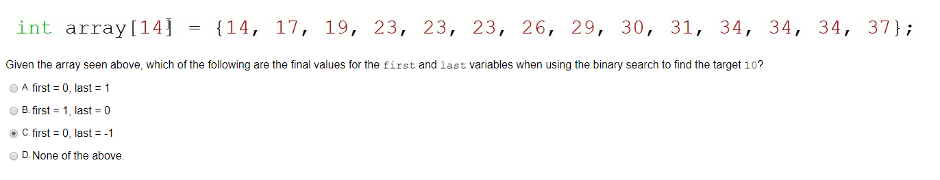 Solved int array[14] = {14, 17, 19, 23, 23, 23, 26, 29, 30, | Chegg.com