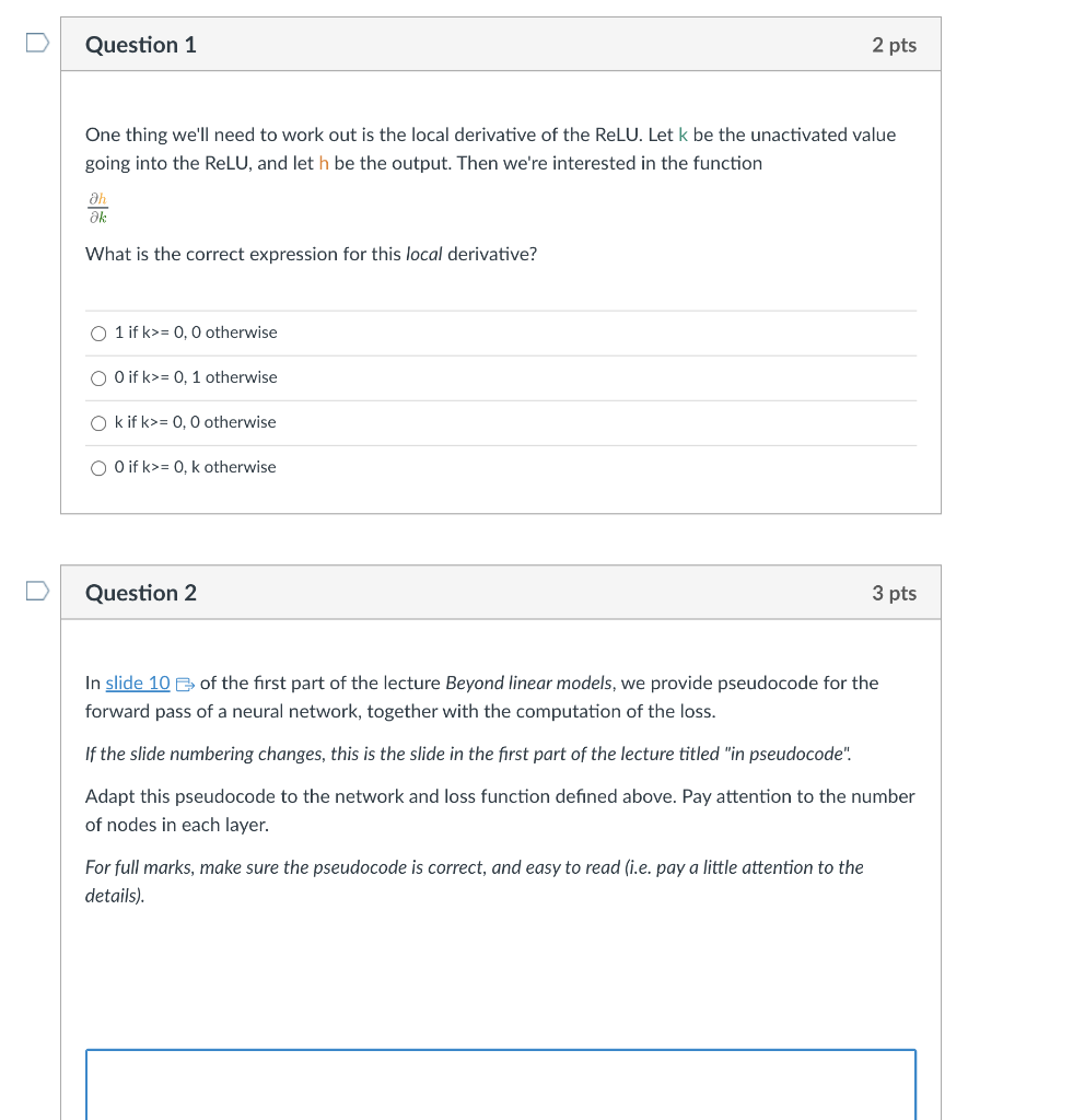 Solved In this quiz we will develop a backpropagation | Chegg.com