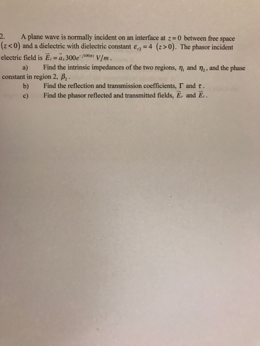 Solved 2. A plane wave is normally incident on an interface | Chegg.com