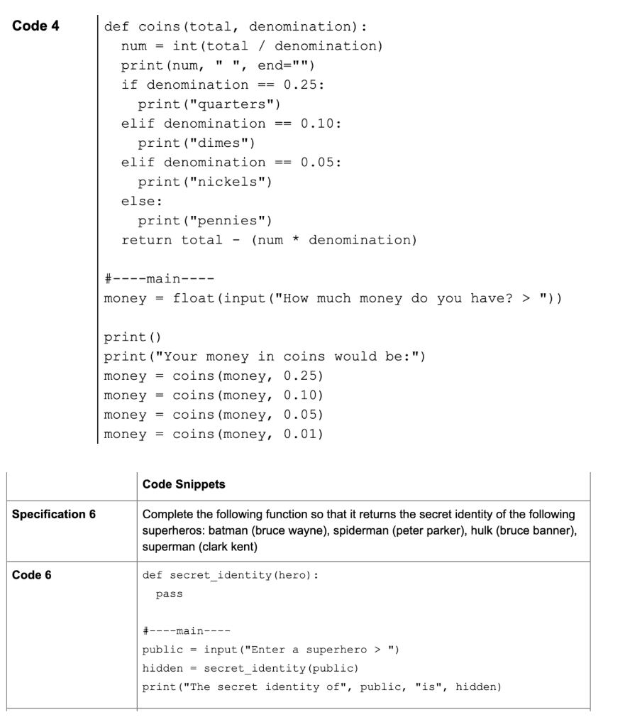 Solved Code 4 == def coins (total, denomination) : num = int | Chegg.com