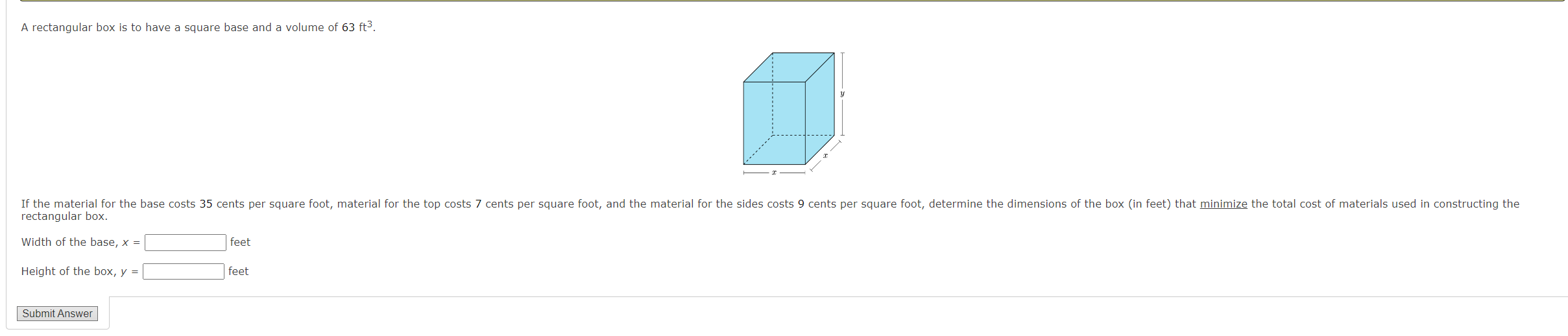 volume of rectangular block with square base