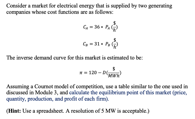 Solved Consider a market for electrical energy that is | Chegg.com