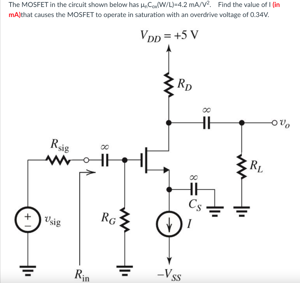 The MOSFET in the circuit shown below has \( \mu_{n} C_{o x}(W / L)=4.2 \mathrm{~mA} / \mathrm{V}^{2} \). Find the value of I