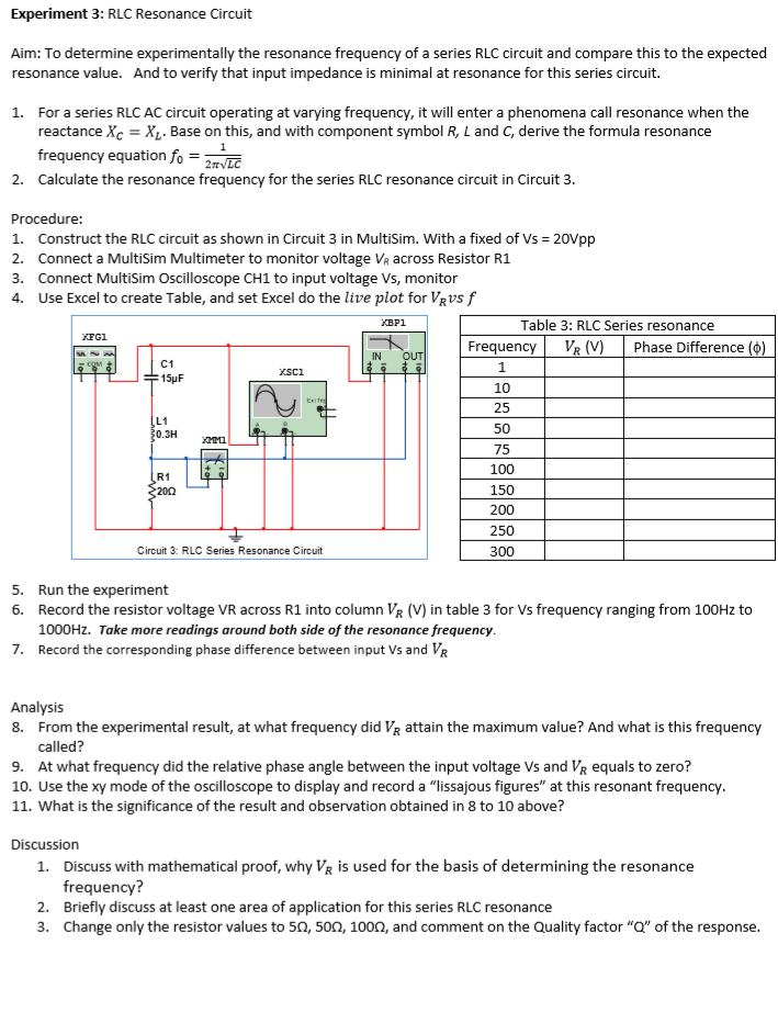 Solved Experiment 3 Rlc Resonance Circuit Aim To Determ Chegg Com