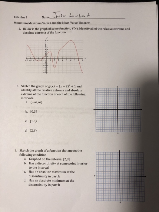 Solved Calculus Minimum/Maximum Values and the Mean Value | Chegg.com