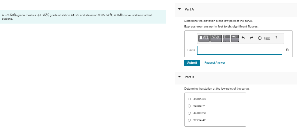 Solved A −2.50% grade meets a +1.75% grade at station 44+25 | Chegg.com