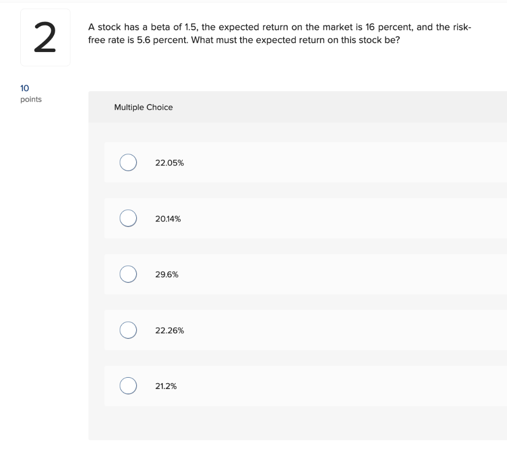Solved 2 A stock has a beta of 1.5, the expected return on