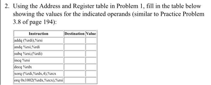 2. Using the Address and Register table in Problem 1, | Chegg.com