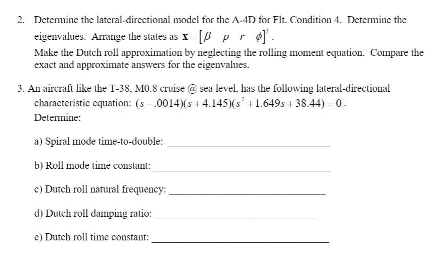 Solved Determine the lateral-directional model for the A-4D | Chegg.com