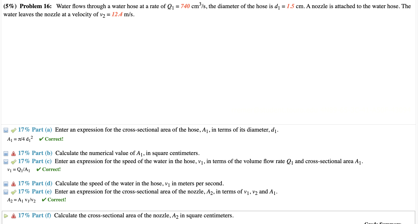 Solved (5\%) Problem 16: Water flows through a water hose at | Chegg.com