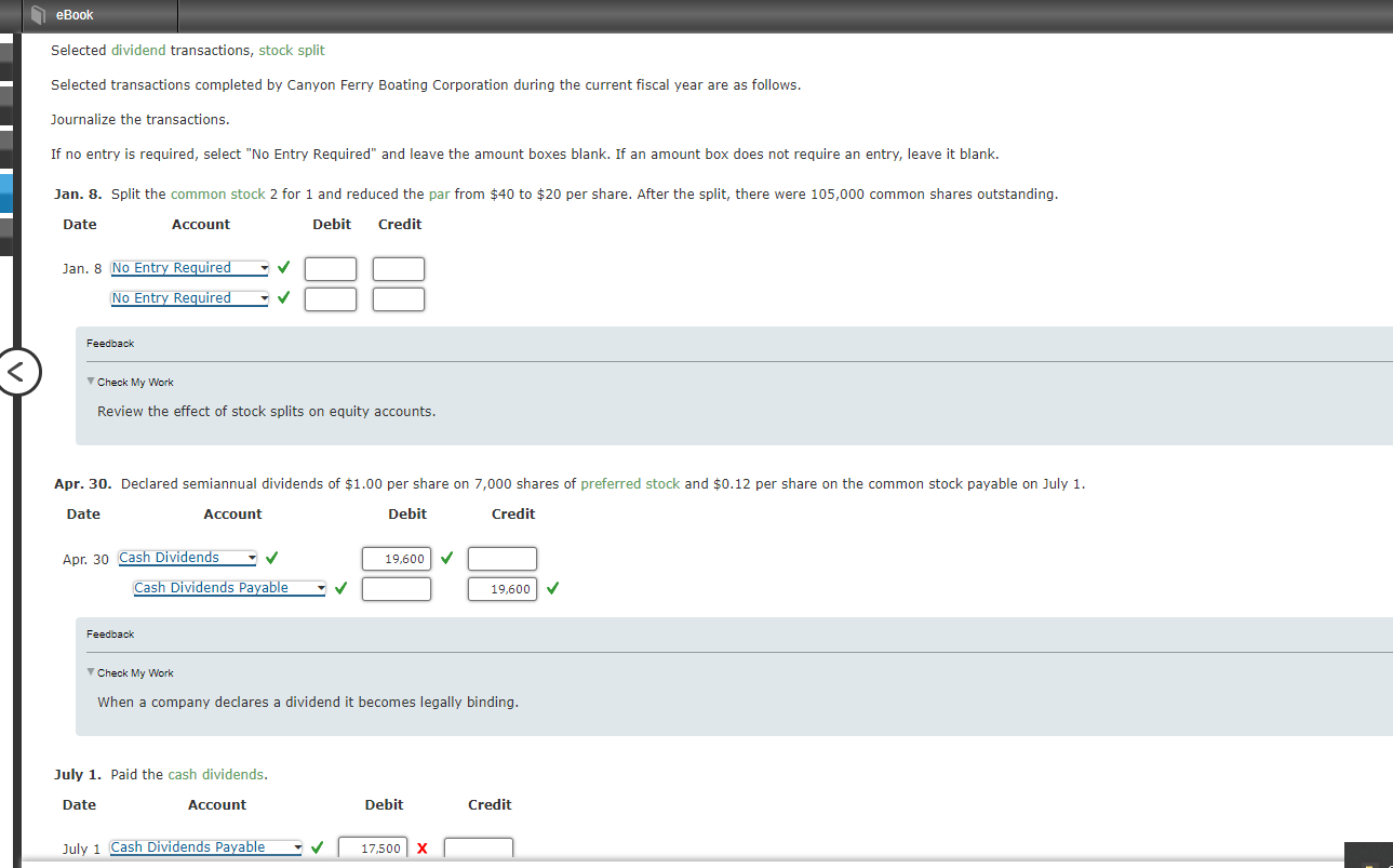 Solved Selected dividend transactions, stock split Selected