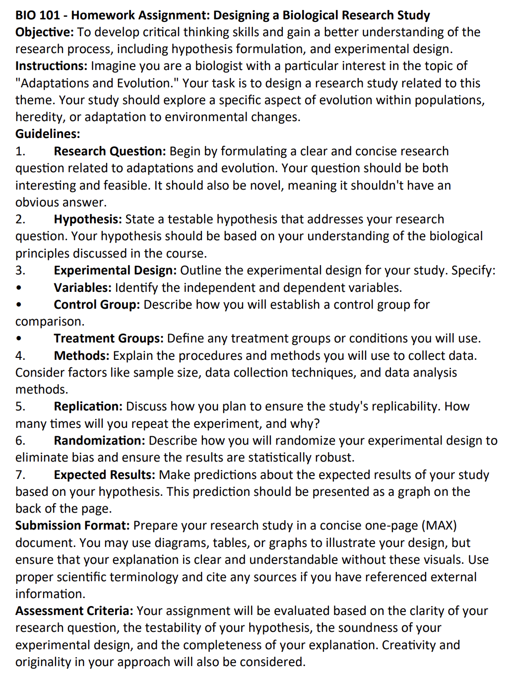 Solved BIO 101 - Homework Assignment: Designing a Biological | Chegg.com