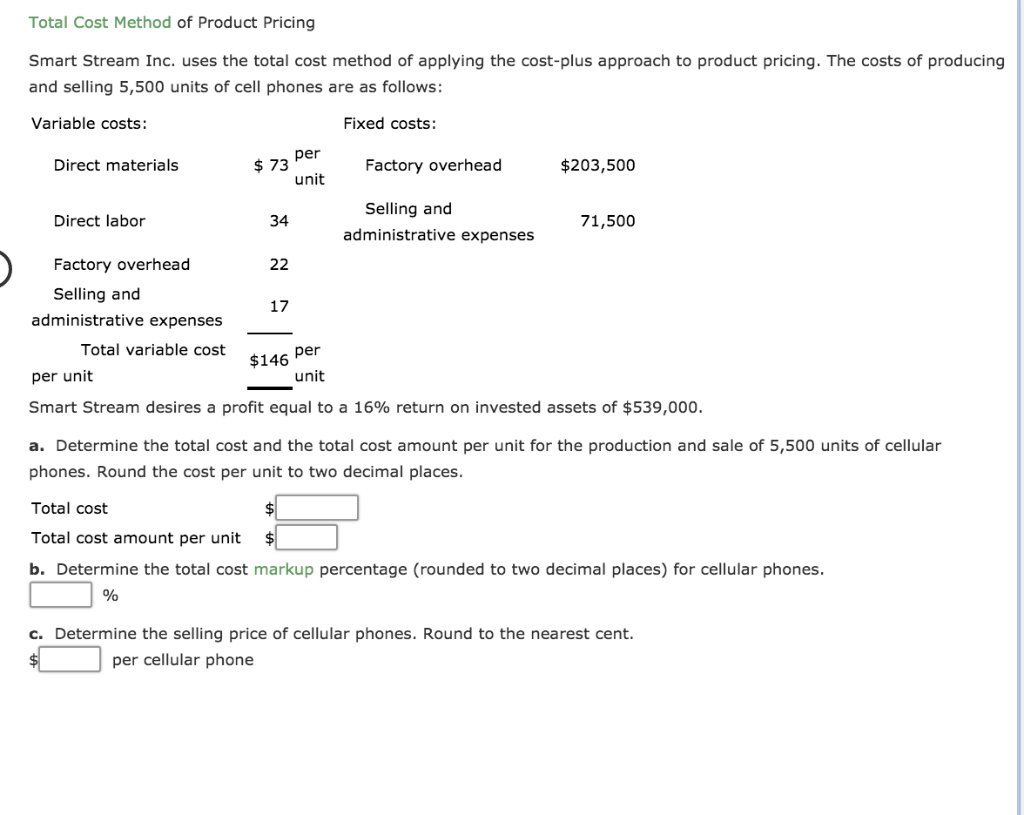 Solved Total Cost Method of Product Pricing Smart Stream