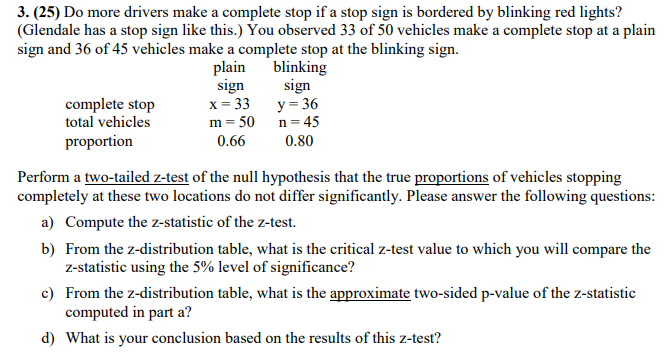 Solved 3. (25) Do more drivers make a complete stop if a | Chegg.com