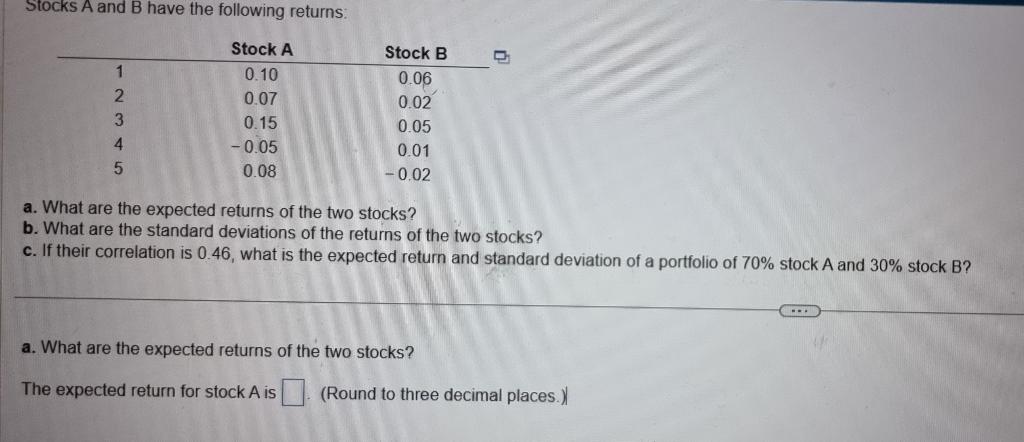 Solved Stocks A And B Have The Following Returns: A. What | Chegg.com