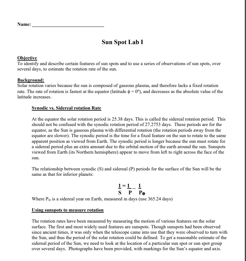 Solved Name Sun Spot Lab I Objective To identify and
