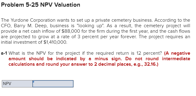 Solved Problem 5-25 NPV Valuation The Yurdone Corporation | Chegg.com