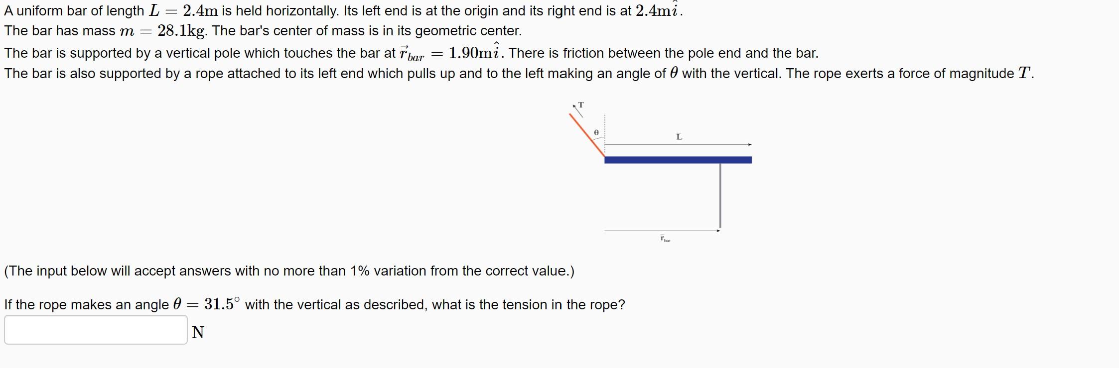 Solved A uniform bar of length L = 2.4m is held | Chegg.com