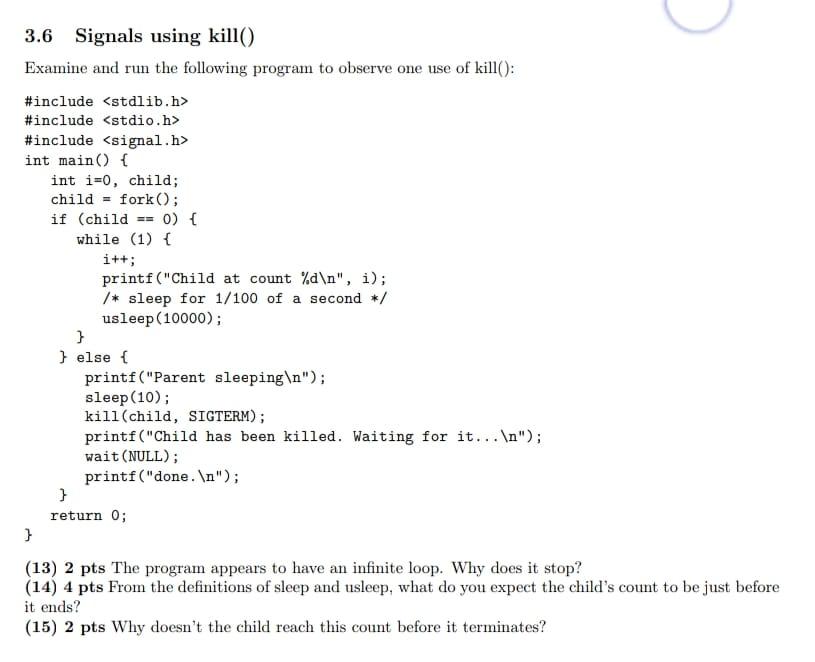 Solved 3.6 Signals using kill() Examine and run the | Chegg.com