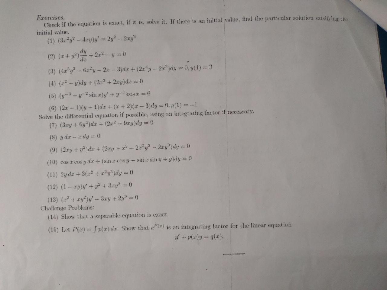 Solved Exercises. Check if the equation is exact, if it is, | Chegg.com
