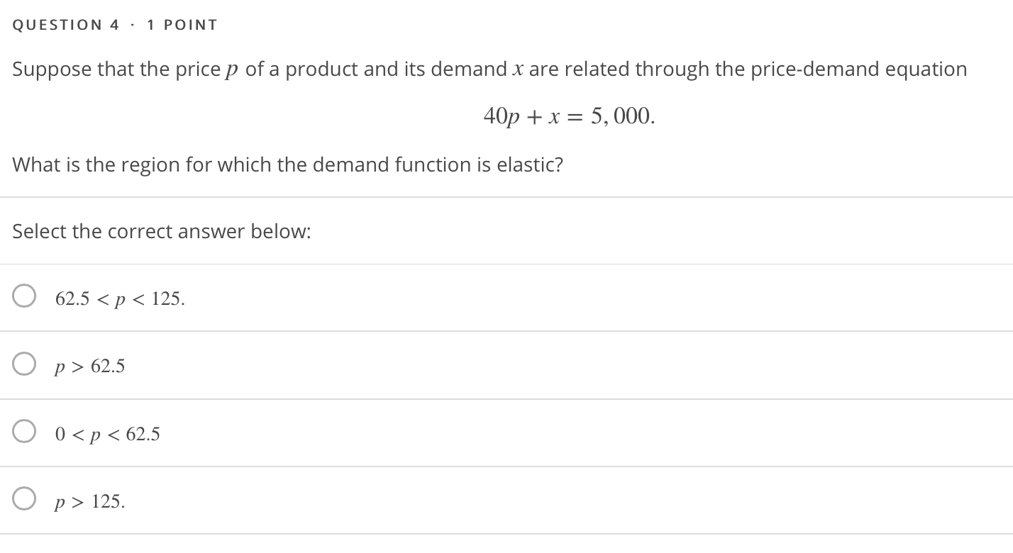 Solved QUESTION 4 · 1 POINT Suppose that the price p of a | Chegg.com