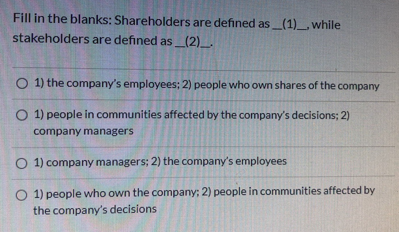 Stockholders Can Best Be Defined As Which Of The Following Solved Fill in the blanks: Shareholders are defined as | Chegg.com