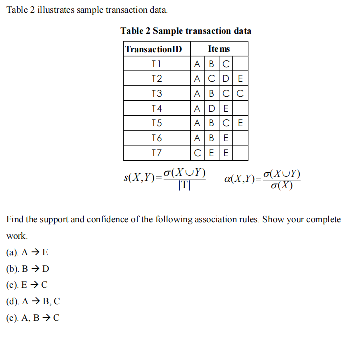 Solved Table 2 illustrates sample transaction data. Table 2 | Chegg.com