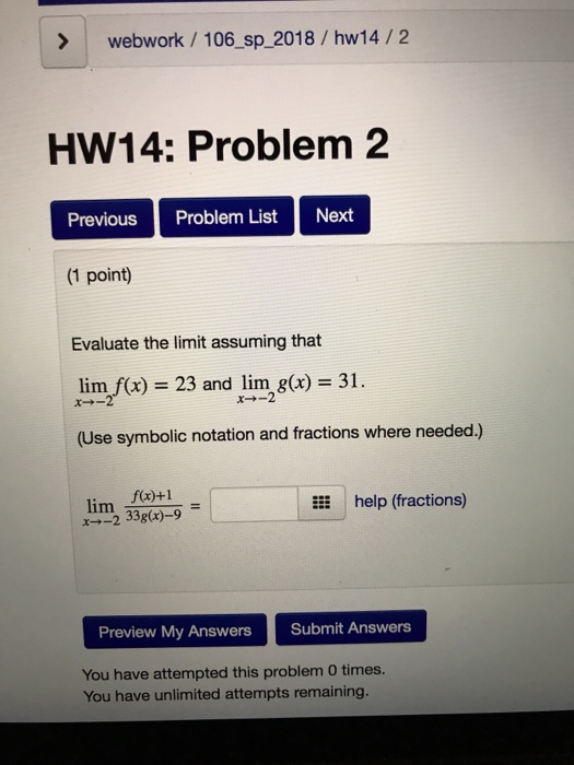 Solved > Webwork 106_sp_2018 /hw14/2 HW14: Problem 2 | Chegg.com