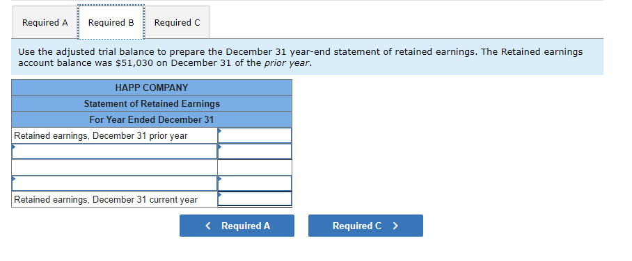 Use the adjusted trial balance to prepare the December 31 year-end statement of retained earnings. The Retained earnings acco