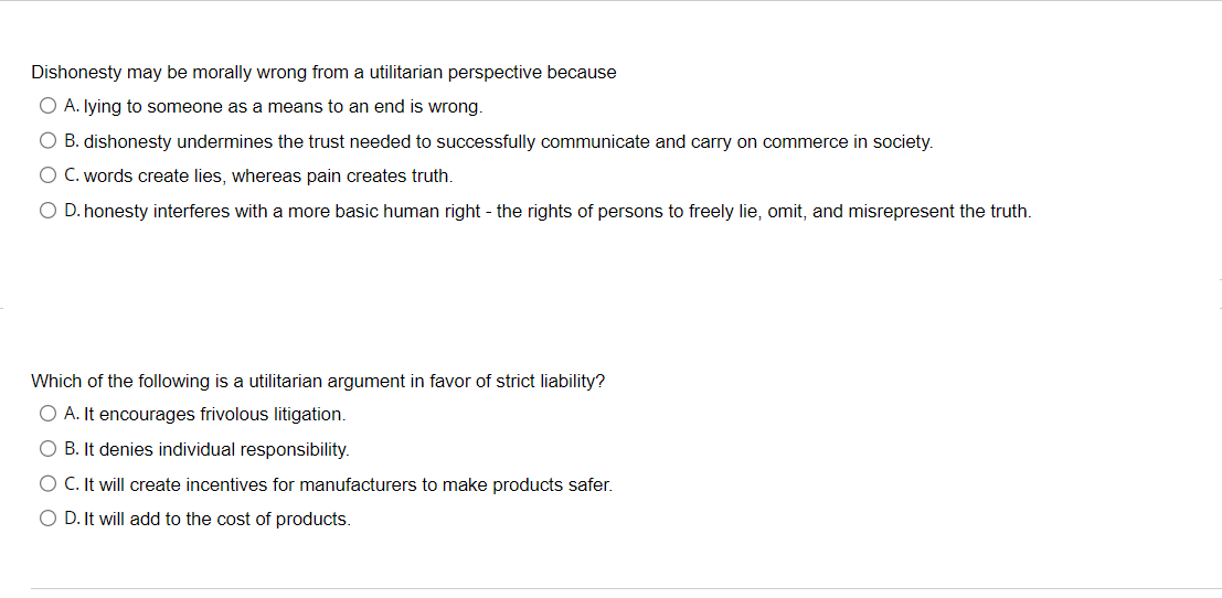 Solved Dishonesty may be morally wrong from a utilitarian | Chegg.com