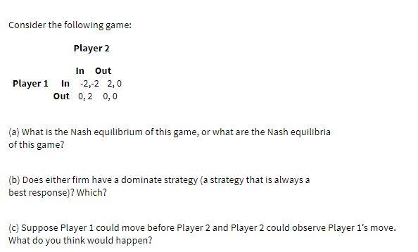 Solved Consider the following game: Player 2 In Out Player 1 | Chegg.com