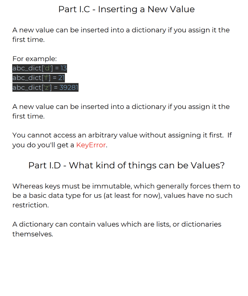 part-i-c-inserting-a-new-value-a-new-value-can-be-inserted-into-a-dictionary-if-you-assign-it