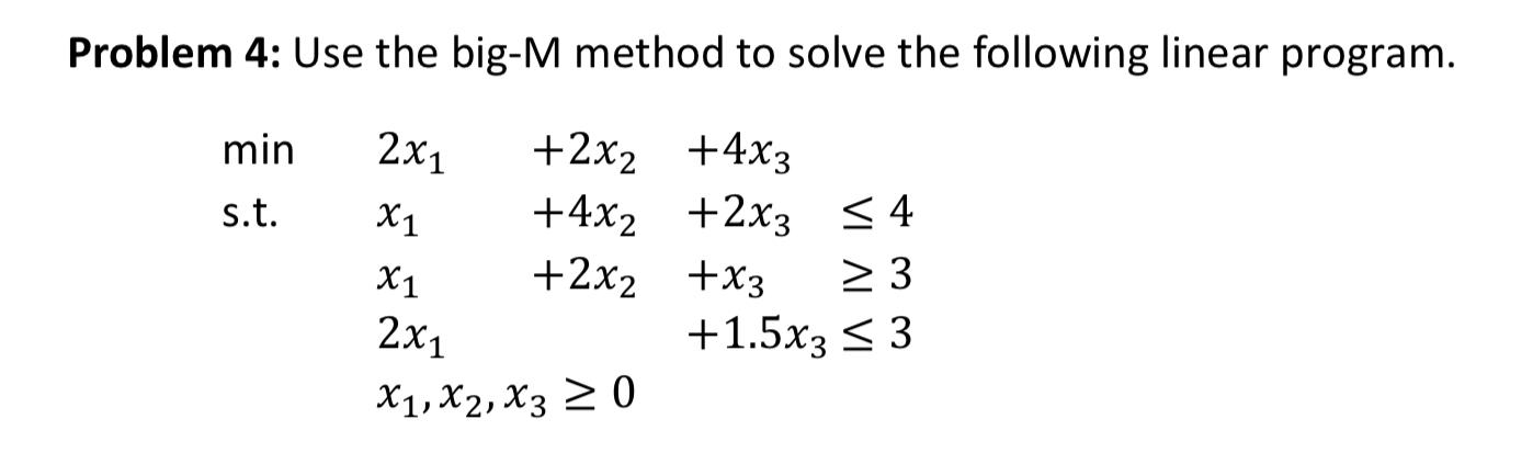 Solved Problem 4: Use the big-M method to solve the | Chegg.com