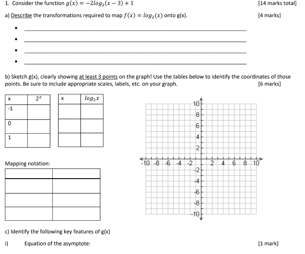 Solved 1. Consider the function g(x) = -2log (x – 3) + 1 (14 | Chegg.com