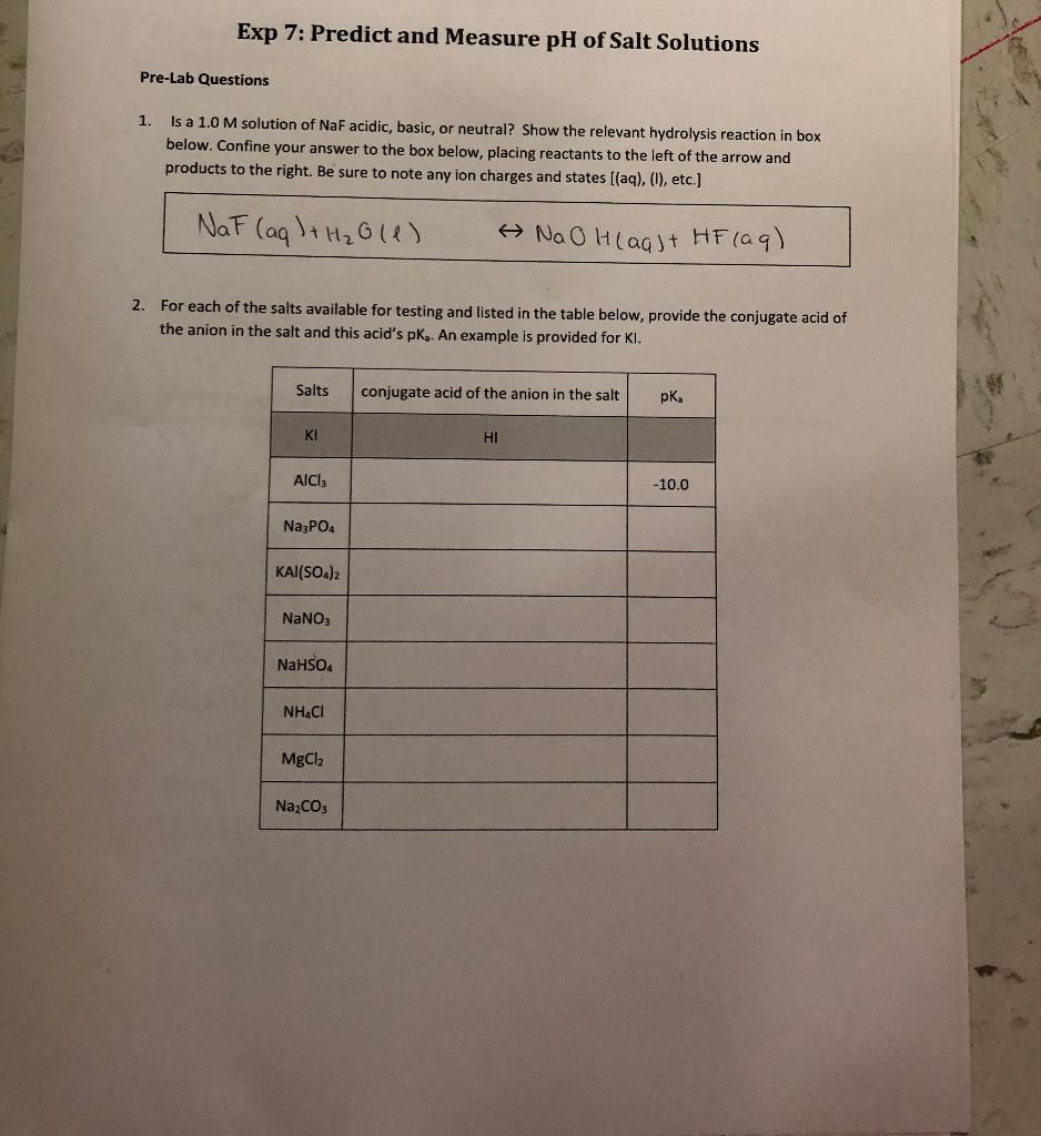 Exp 7: Predict and Measure pH of Salt Solutions | Chegg.com