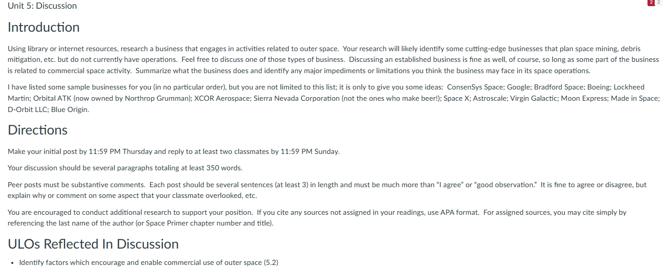 Introduction D-Orbit LLC; Blue Origin.
Directions
Make your initial post by 11:59 PM Thursday and reply to at least two class