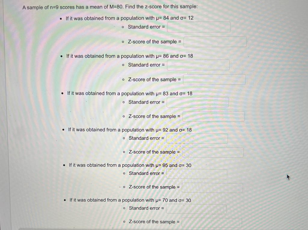 Solved n=9 scores has a mean of M=80. Find the z-score for | Chegg.com
