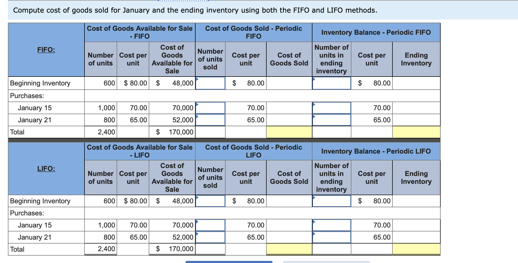 Compute cost of goods sold for January and the ending inventory using both the FIFO and LIFO methods.