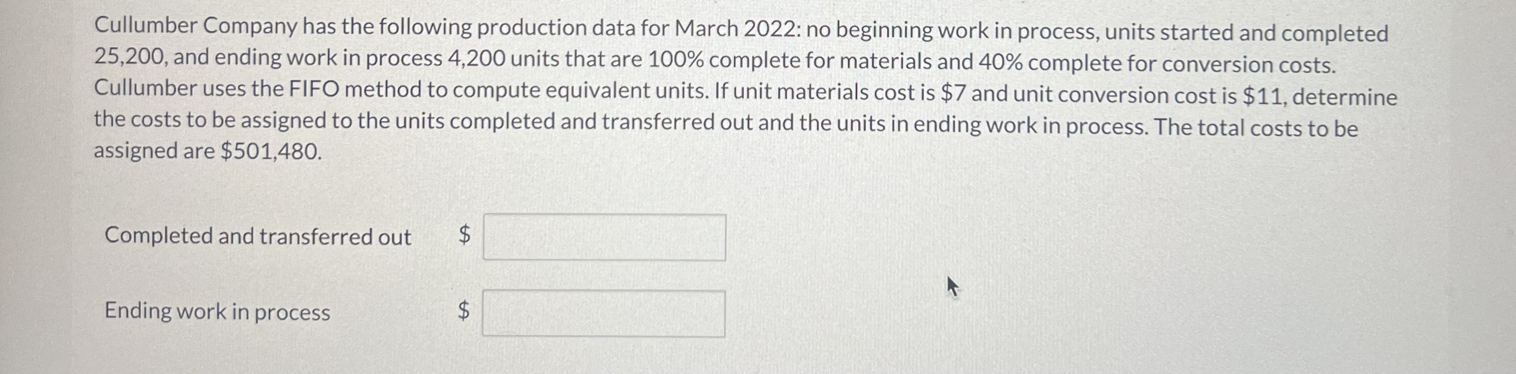 Solved Cullumber Company Has The Following Production Data Chegg Com