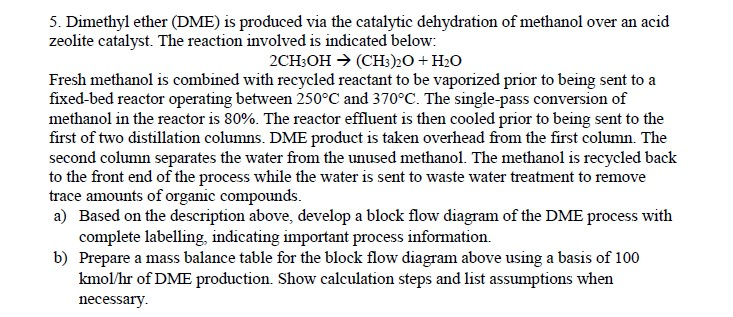 Solved 5. Dimethyl ether (DME) is produced via the catalytic | Chegg.com