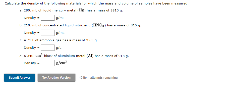 Solved Calculate the density of the following materials for | Chegg.com