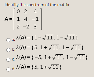 Solved Identify the spectrum of the matrix 0 2 4 A= 1 4 - 1 | Chegg.com