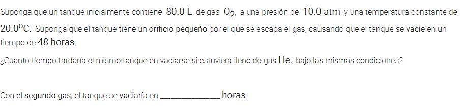 Suponga que un tanque inicialmente contiene 80.0L de gas 02 a una presión de 10.0 atm y una temperatura constante de 20.0°C.