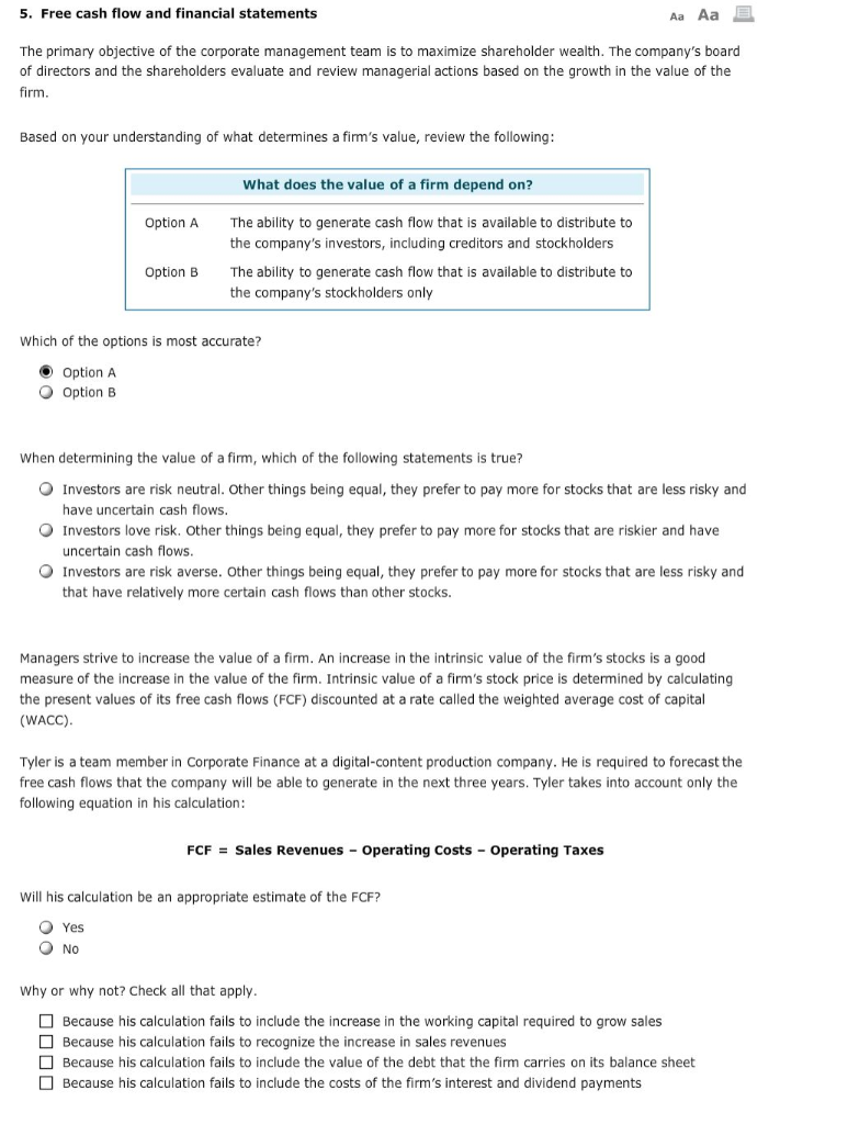 Solved 5. Free cash flow and financial statements Aa Aa The | Chegg.com